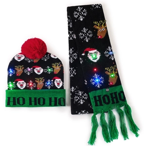 Detail of LED light-up knitted Christmas hat and scarf set with Santa and reindeer patterns