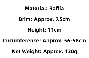 Size specifications for raffia straw hat showing 7.5cm brim and 56-58cm circumference