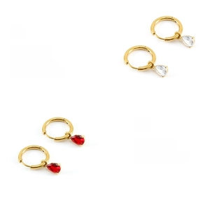 Polished gold earrings featuring teardrop red and white cubic zirconia accents