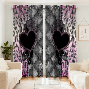 Detail of pink leopard print curtain with 3D LOVE text and floral patterns in a living room