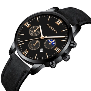 Close-up of Geneva men's watch with rose gold Roman numerals and leather strap detail