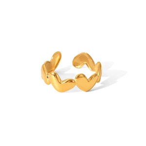 Detailed view of an 18K gold plated stainless steel open ring with heart shapes