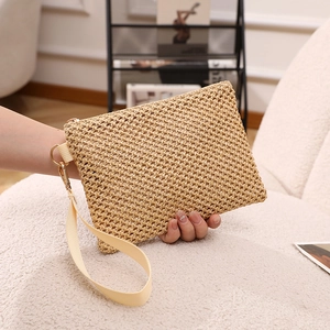 Minimalist straw woven clutch bag with hollow texture and gold buckle for summer beach
