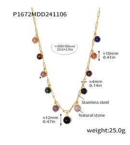 Detail view of colorful natural stone beaded necklace with dimensions for chain and beads