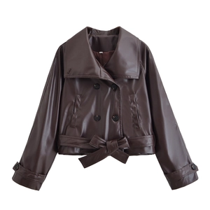 Short dark brown faux leather double-breasted jacket with waist belt and wide lapels