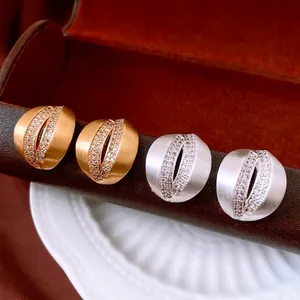 C Shape Stud Earrings Brushed Matte Copper With Zircon Inlaid Simple Elegant Fashion For Women Silver Earring Post
