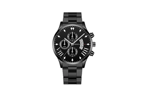 Detail of Geneva black stainless steel quartz watch dial with three sub-dials and date window