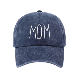 Classic washed dark blue denim baseball cap with white MOM embroidery for women and men