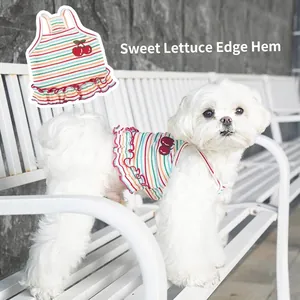 Rainbow striped pet dog strap dress with cherry embroidery and ruffled hem details
