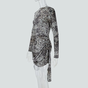Detail of leopard print mini dress featuring side ruching and decorative ribbons