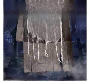 Detail of tattered grey fabric and white mesh gauze for Halloween skeleton ghost prop