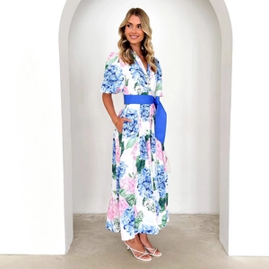 Bohemian floral A-line maxi dress with short sleeves and vibrant blue silk waist belt