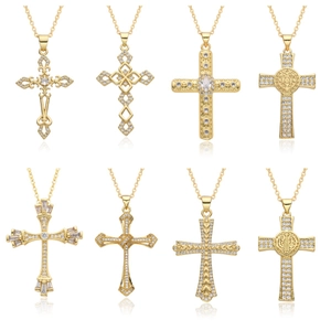 Luxury Gold Plated Copper Rhinestone Cross Pendant Necklace For Women Religious Saint Benedict Medal Micro Inlaid Jewelry