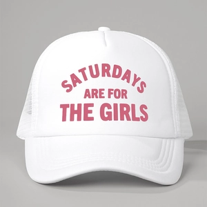 Detailed front view of white foam trucker hat with pink Saturdays Are For The Girls text