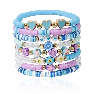 Colorful multi-layer Bohemian beaded bracelet set with hearts and flowers charms