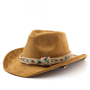 Classic brown faux suede western cowboy hat with colorful braided rope band for men and women
