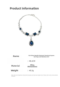 Close-up of luxury rhinestone necklace featuring blue square and teardrop stones
