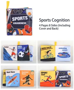 Detail view of baby cloth book showing colorful sports themes and soft fabric textures