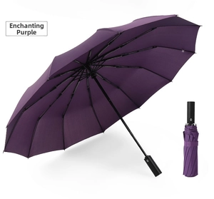 Macro detail of automatic purple umbrella showing sturdy frame and compact folded form