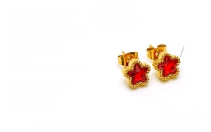 Detail view of 9mm star stud earrings in gold stainless steel with red zircon stones