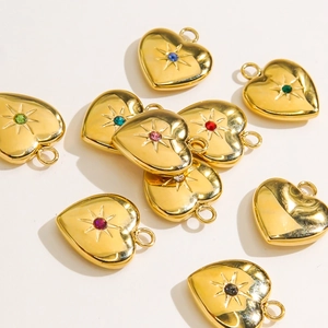 3D gold-plated stainless steel heart pendants with colorful starburst stone accents