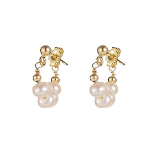 Elegant gold baroque freshwater pearl cluster earrings with S925 silver studs for women
