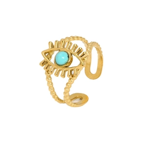 Adjustable 18K gold plated evil eye ring with turquoise stone and bohemian bead texture