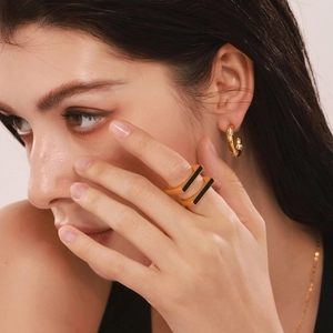 Minimalist Geometric Square Ring Stainless Steel Black Acrylic Inlay 18K Gold Plated INS Style Jewelry For Women