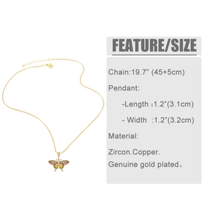 Detail view of colorful zircon butterfly necklace with 45+5cm chain size specifications