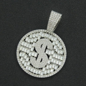 Detailed close-up of a silver iced-out dollar sign pendant with sparkling pavé crystals