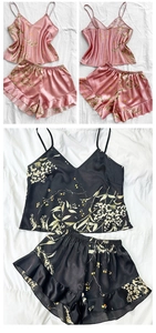 Detail of floral print satin sleepwear set with camisole top and ruffled hem shorts