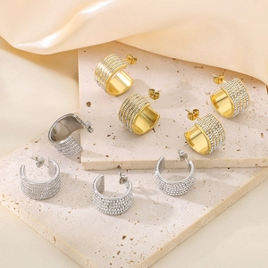 Macro detail of C-shaped titanium steel earrings with four rows of sparkling zircons