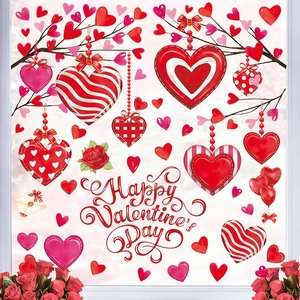 Valentine's Day heart window clings with Happy Valentine's Day text and red rose stickers