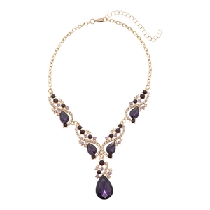 Luxury gold Y-necklace set with purple teardrop gemstones and brilliant rhinestones