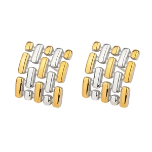 Modern square chain earrings with interlocking gold and silver tones in a geometric design