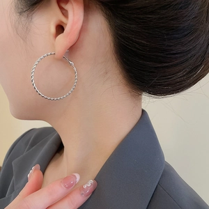 Close-up of twisted silver-tone hoop earring with metallic luster worn by a model
