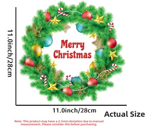 Detail view of a 28cm Christmas wreath wall sticker with Merry Christmas text and ornaments
