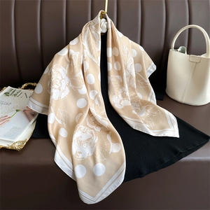 Elegant beige polka dot camellia silk scarf for women, 90cm twill square shawl headwrap
