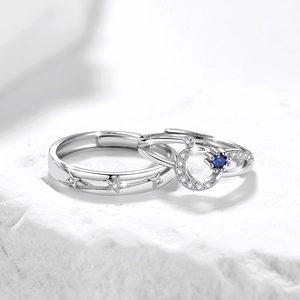 Star and moon sterling silver couple rings with blue gemstone and meteor engraving