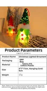 Detail of glowing Christmas gnome ornament with green sequin hat and product size specs
