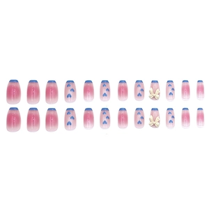 Pink gradient press-on nails with blue French tips and 3D white bows in 24pcs set