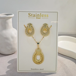 Detailed view of golden stainless steel jewelry set with teardrop textured design