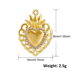 Golden crown heart pendant with zircons, size 26x18mm, weight 2.5g, for DIY jewelry making