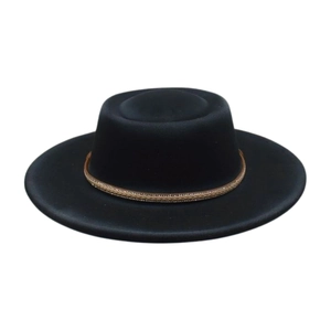 Detail of black wool felt boater hat with a decorative brown woven band and sequins