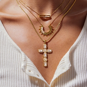 Chic layered gold titanium steel necklaces with sun and cross rhinestone pendants