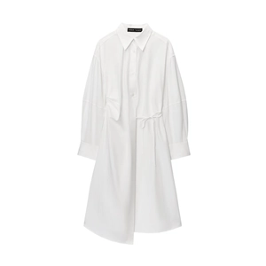 White minimalist cotton long sleeve shirt dress with asymmetrical hem and waist tie