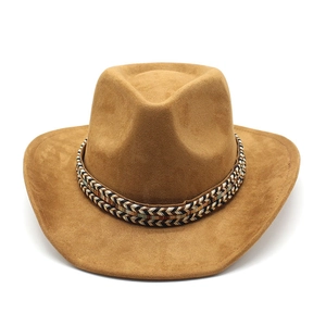 Classic brown faux suede cowboy hat with ethnic woven band and upturned wide brim