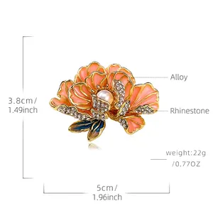 Pink enamel peony brooch pin with rhinestones and pearl for traditional cheongsam