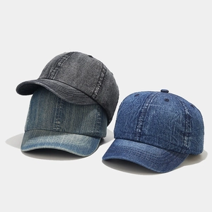 Three colors of washed denim baseball caps with vintage texture and stitched short brims