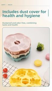 Detailed view of colorful cat paw silicone baby food molds with transparent dust lids
